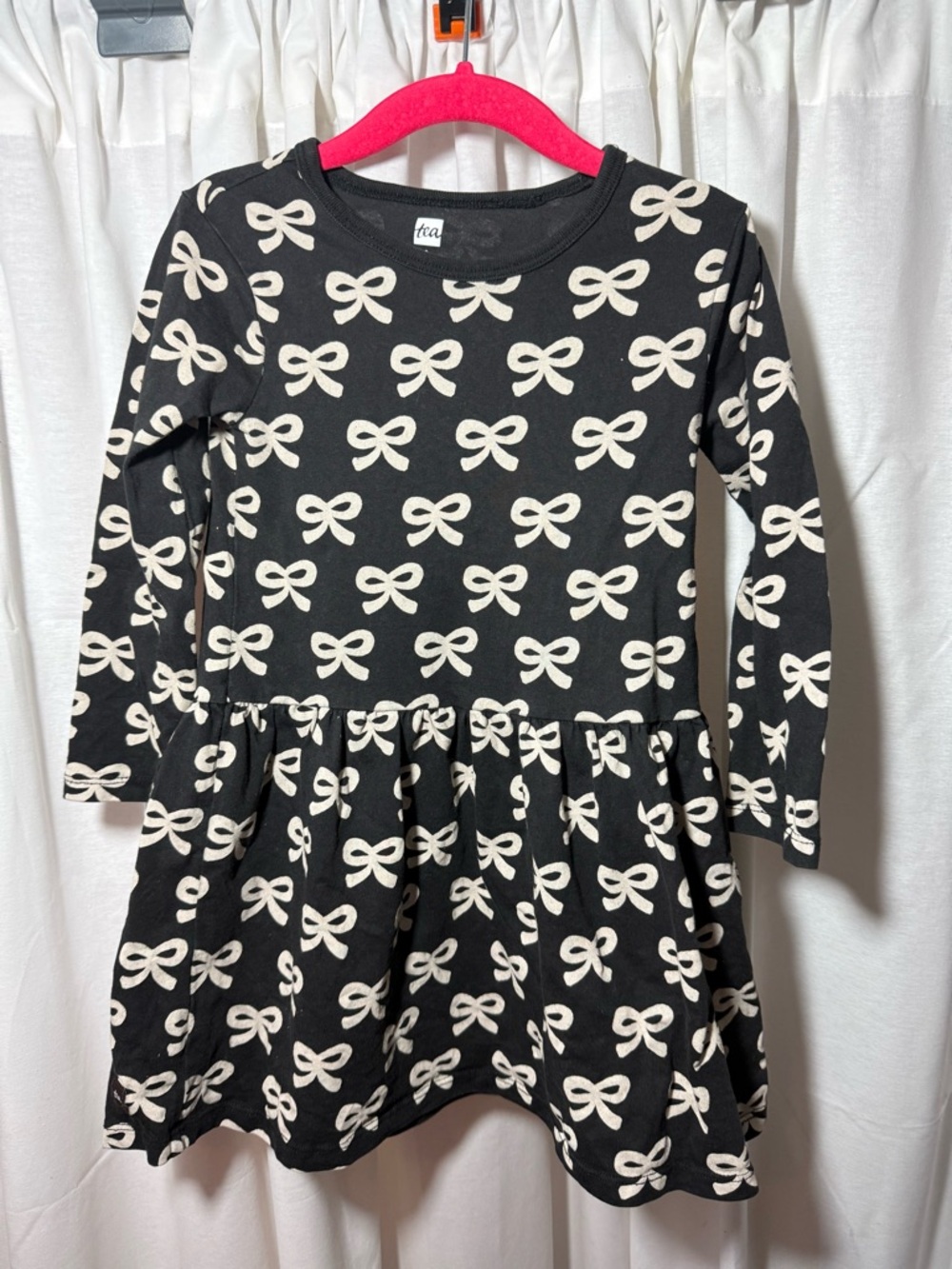 Tea Girls Black Bow Print Long-Sleeve Dress